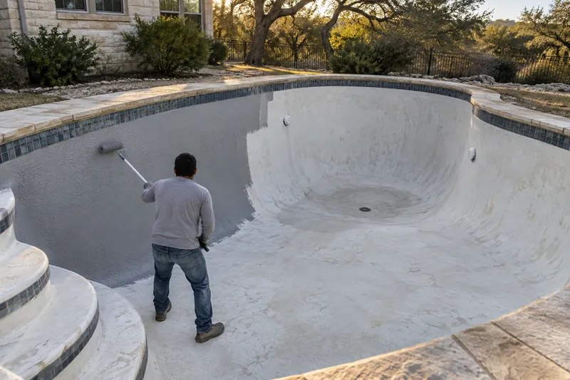 Bond coat rolled onto old plaster in a drained pool