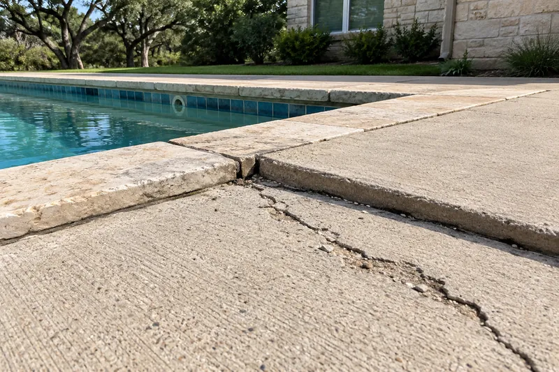 Cracked, settled pool deck slab with an open joint at the coping