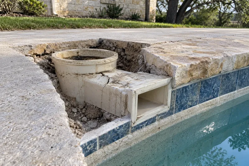 Cracked pool skimmer exposed with the deck cut back for replacement