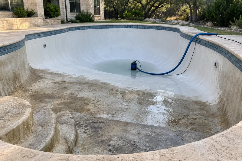 Drained plaster pool partly acid washed, the deep end bright white