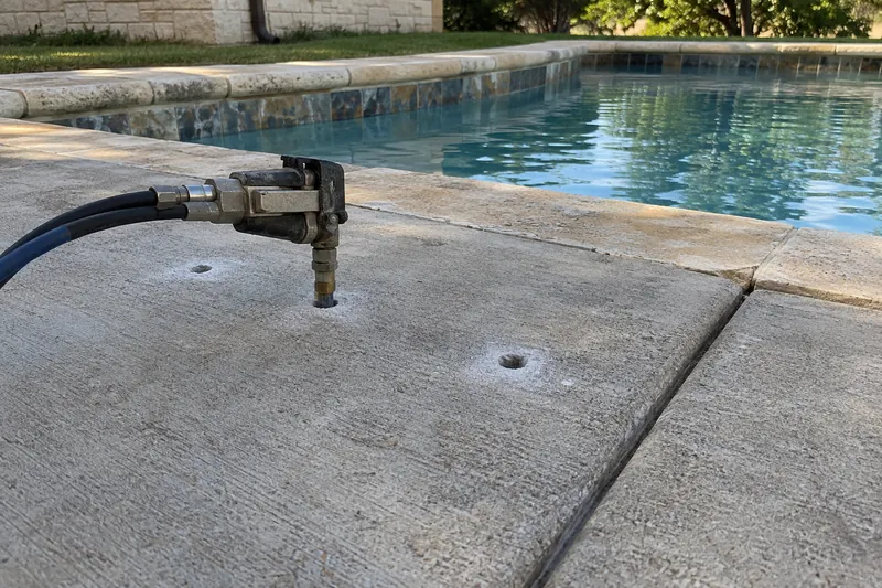 Foam injected under a sunken pool deck slab through drilled ports