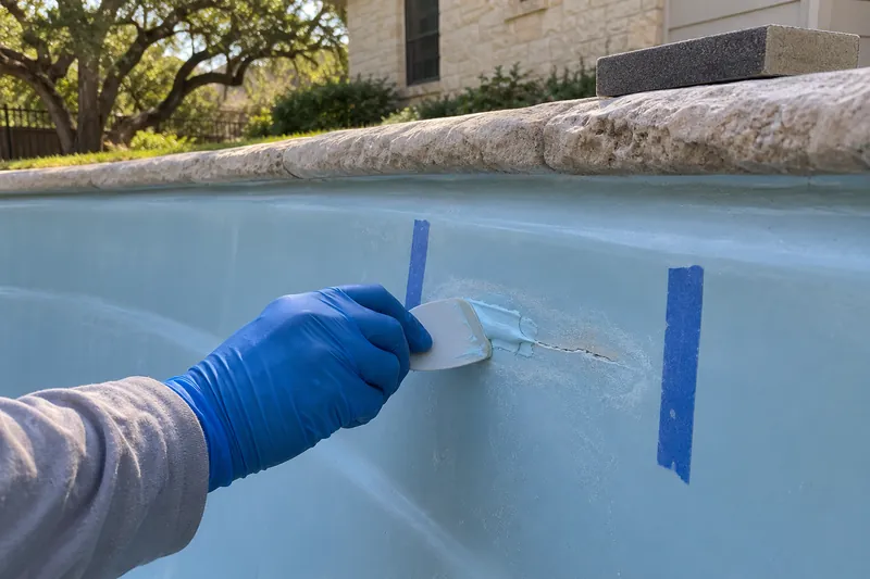 Gelcoat putty being smoothed over a crack in a fiberglass pool