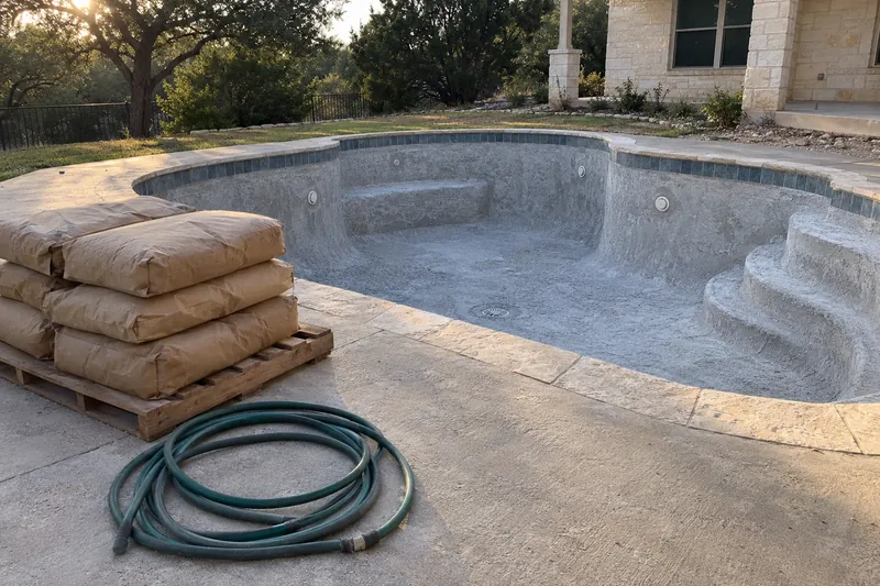 Bags of pebble finish material staged beside a drained pool