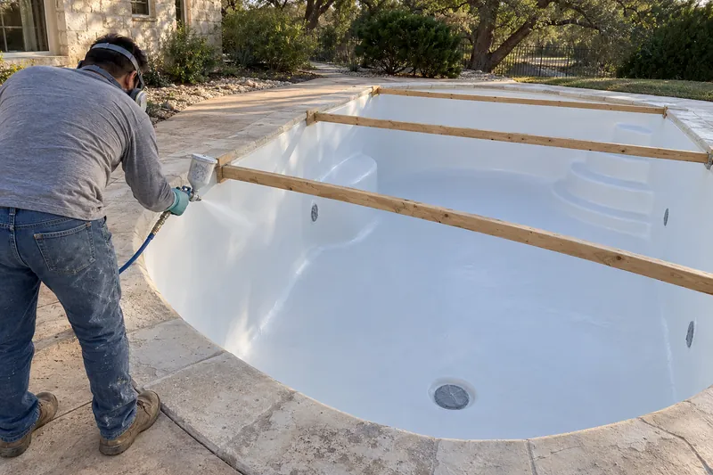 Powder coating being sprayed onto a drained fiberglass pool shell
