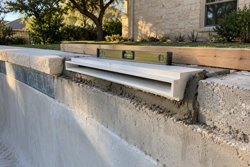 Sheer-descent waterfall unit set level in a notched bond beam