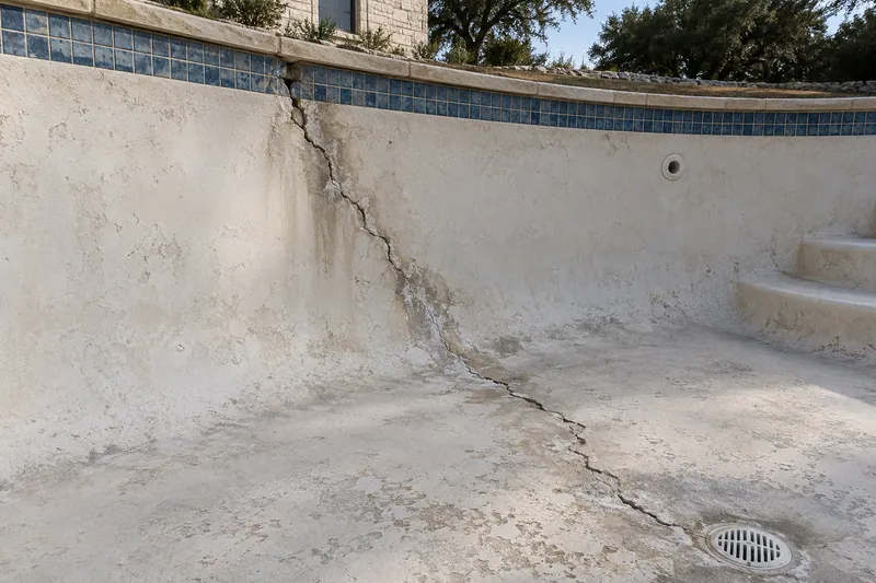 Structural crack running down a drained pool wall and across the floor