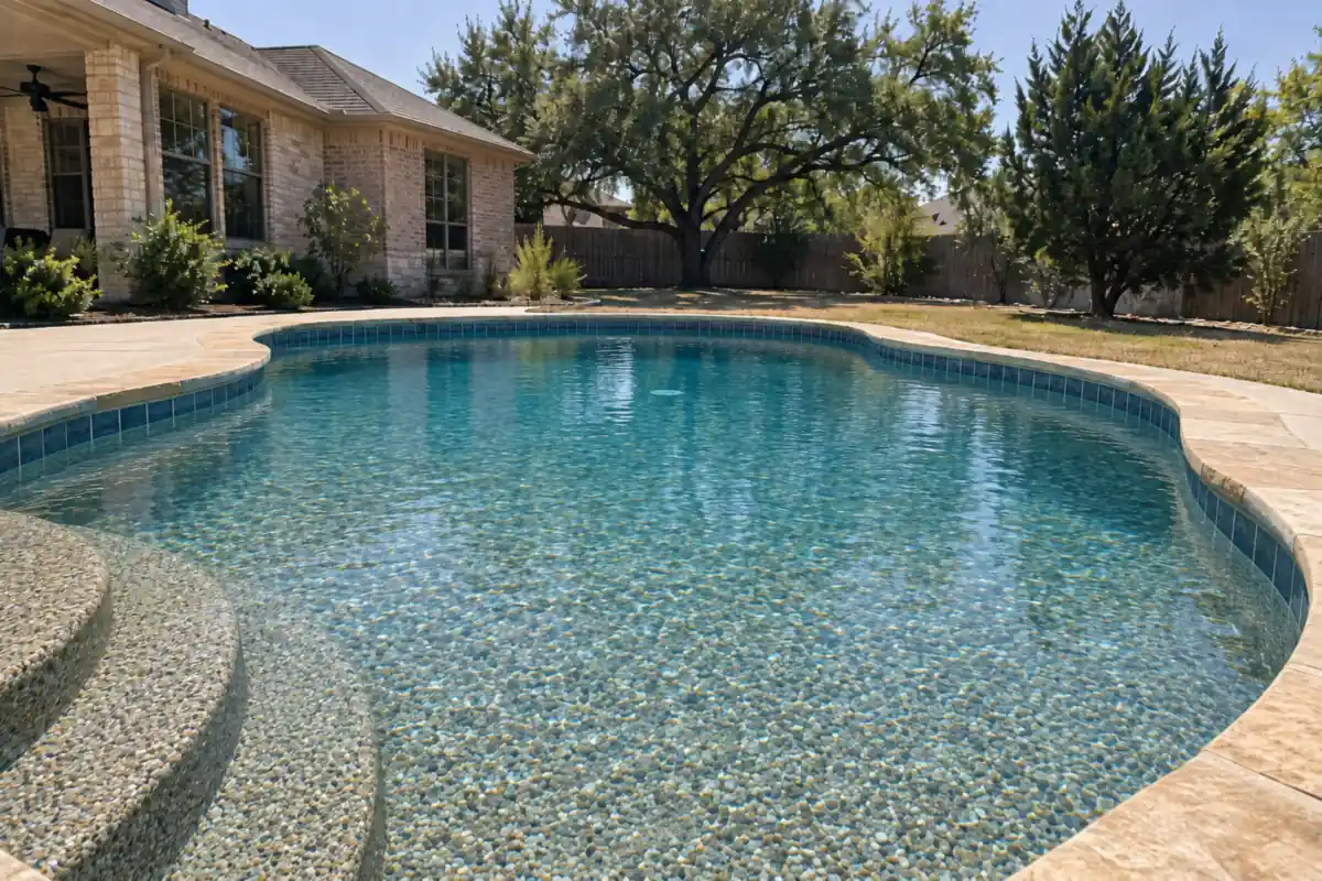 Resurfaced backyard pool with an exposed pebble finish, waterline tile and limestone coping under live oaks in Leander, Texas
