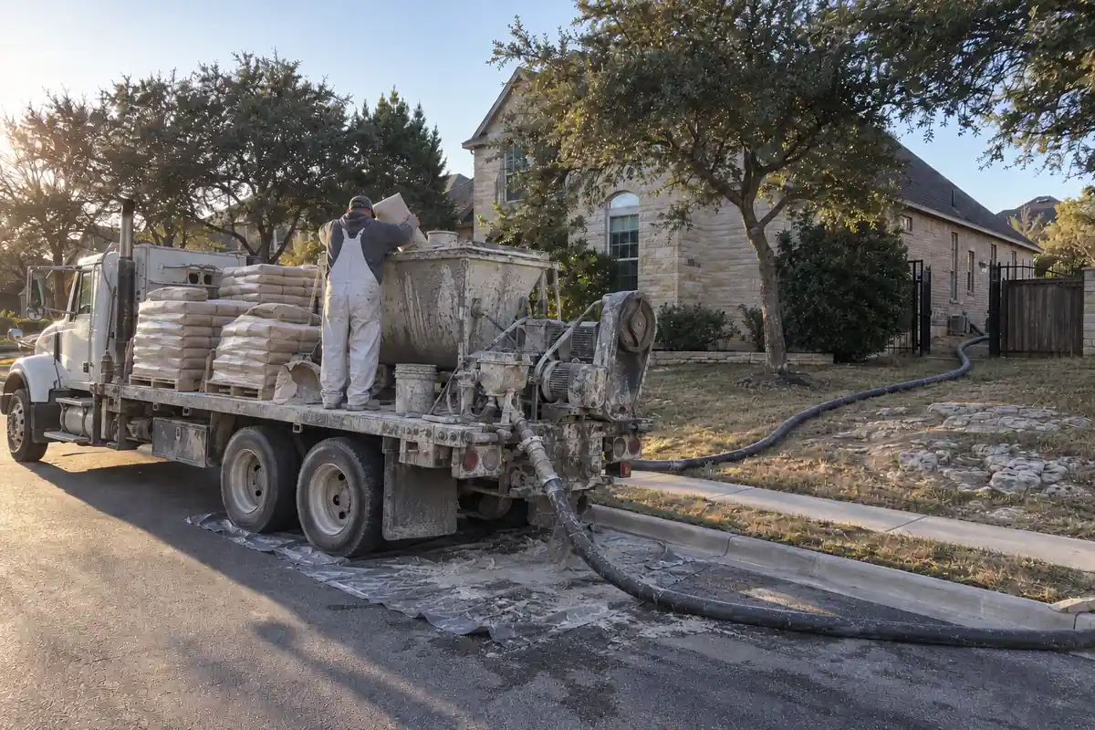 Plaster truck with a batch mixer and pump parked at the curb on a Leander street, material hose running to the backyard